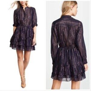 Ulla Johnson Della Metallic Striped Tiered Mini Dress Midnight Sparkle Glitter